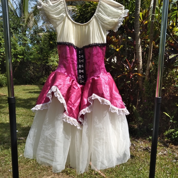 Renaissance Costume Pink Maroon Cream Dress Tulle Ruffle - Picture 2 of 11